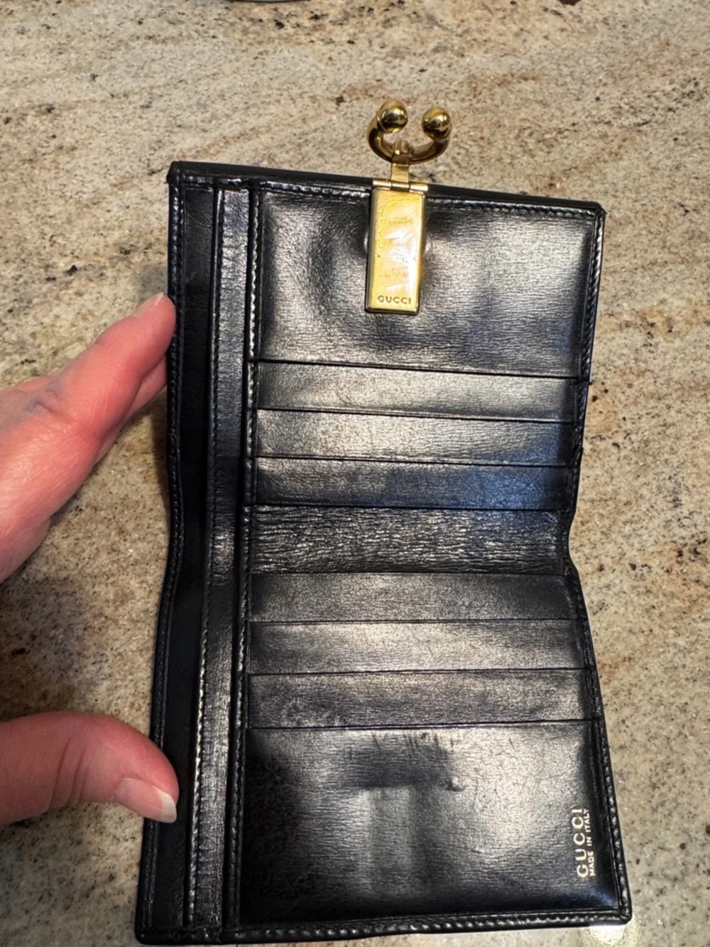 GUCCI Black Leather Compact Wallet with Gold Horseshoe Clasp - Picture 5 of 13